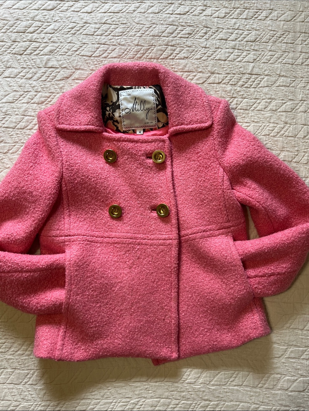 Milly Pink Double-Breasted Boucle Peacoat with Gold Buttons